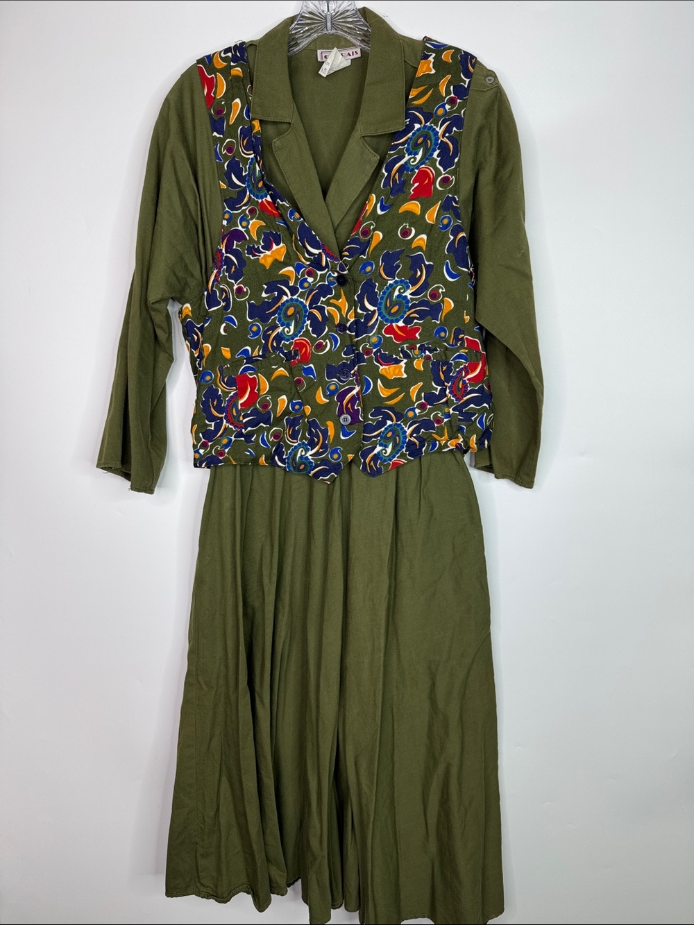 Vintage Cabrais Vest Green Collared Dress Size 10
